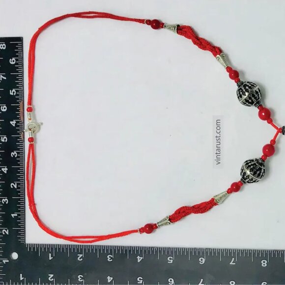 Handmade Red Beaded Necklace with Tribal Tassel Pendant, Beaded Chain Necklace - Picture 11 of 13